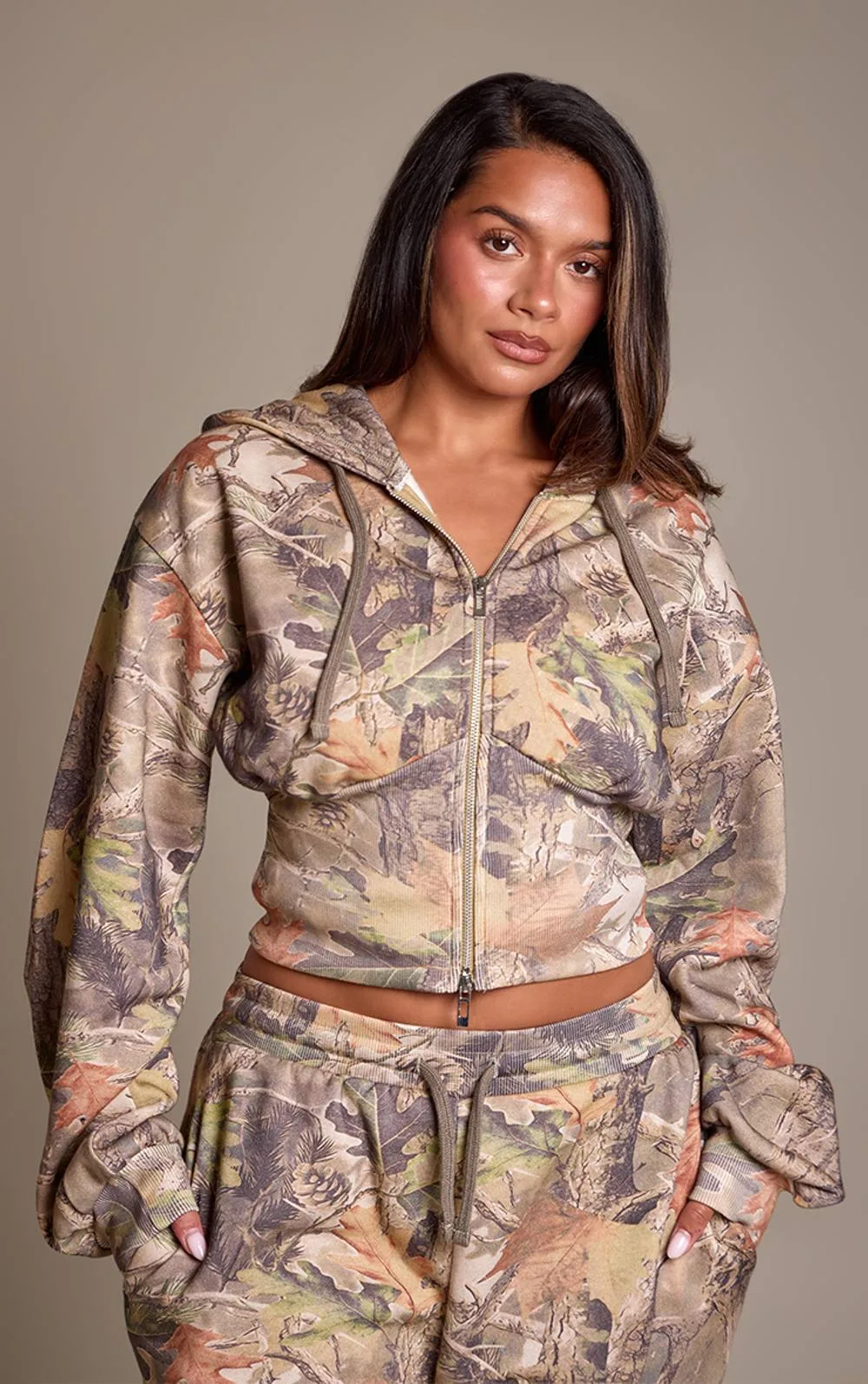 Camo Zip Front Cinched Waist Hoodie by PrettyLittleThing