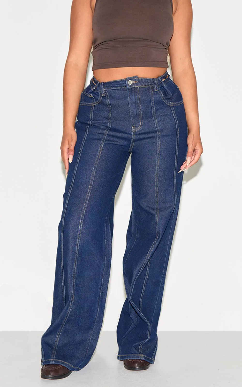 Stretch Denim Highwaisted Adjustable Button Wide Leg Jeans by PrettyLittleThing