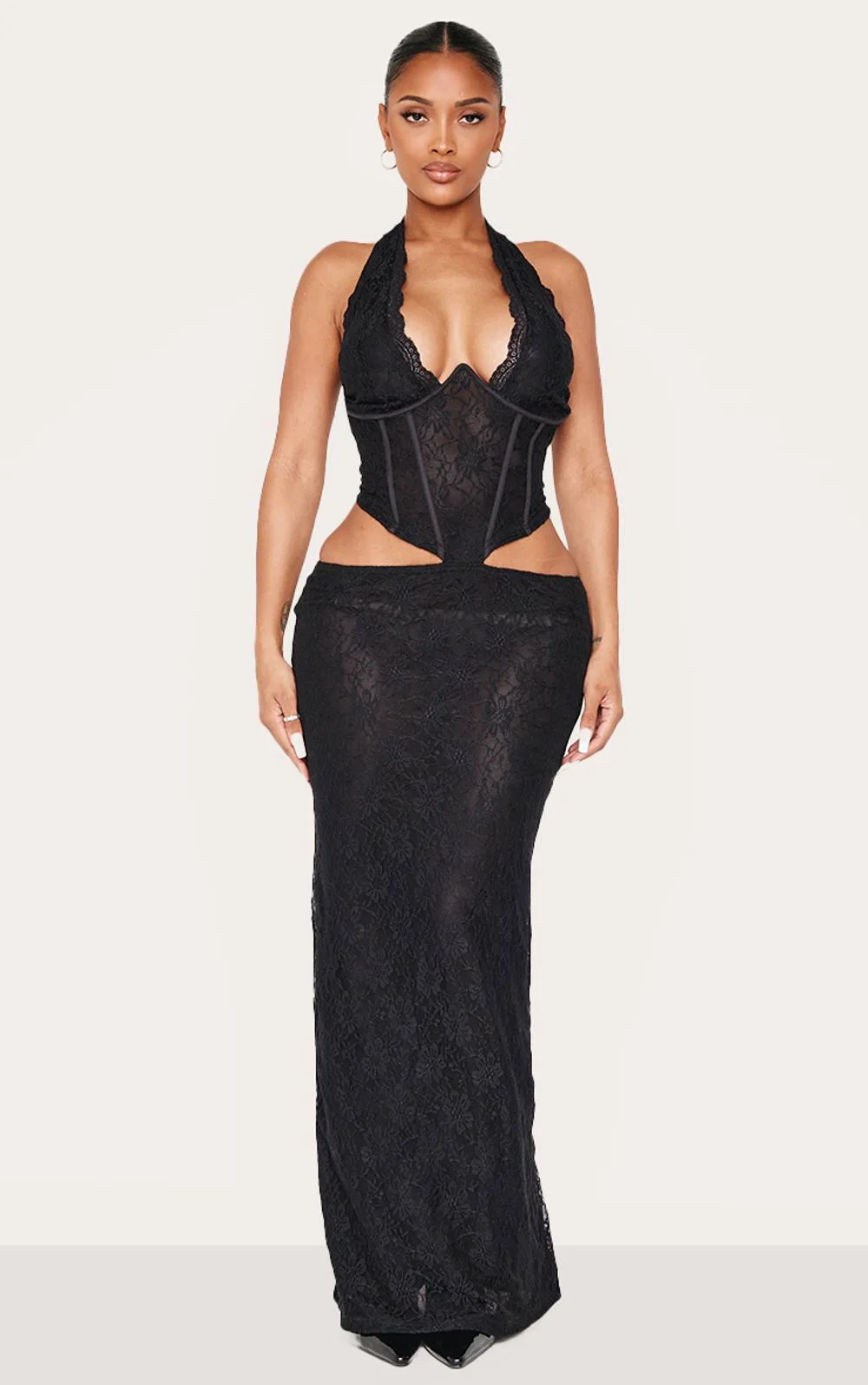 Lace Halter Neck Plunge Corset Maxi Dress by PrettyLittleThing