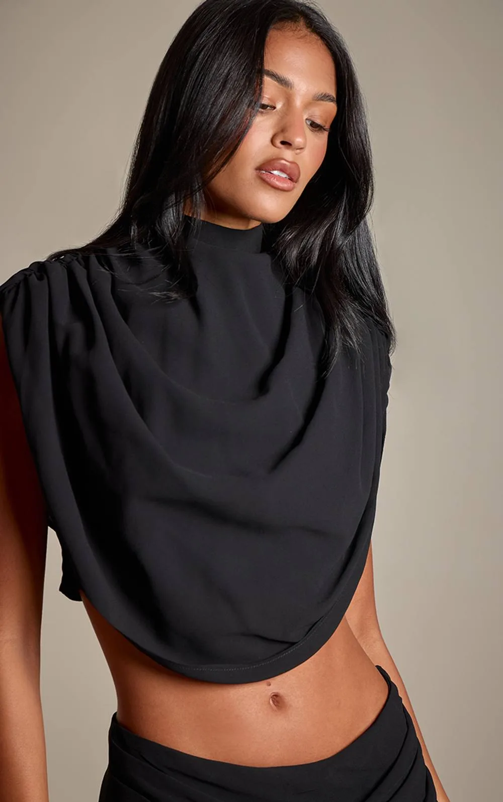 Chiffon High Neck Pleated Draped Top