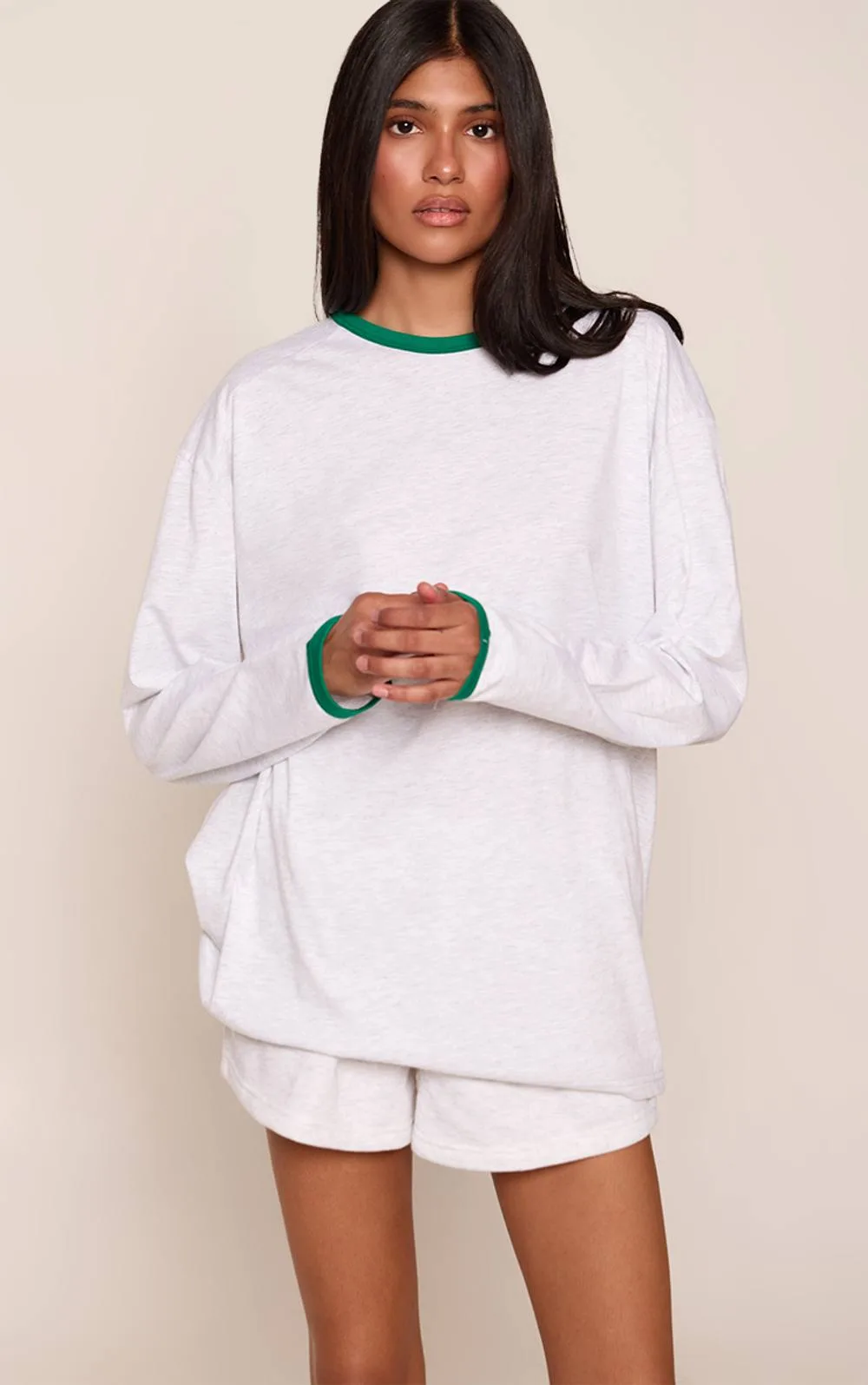 Cotton Contrast Cuff Long Sleeve Oversized Tshirt by PrettyLittleThing