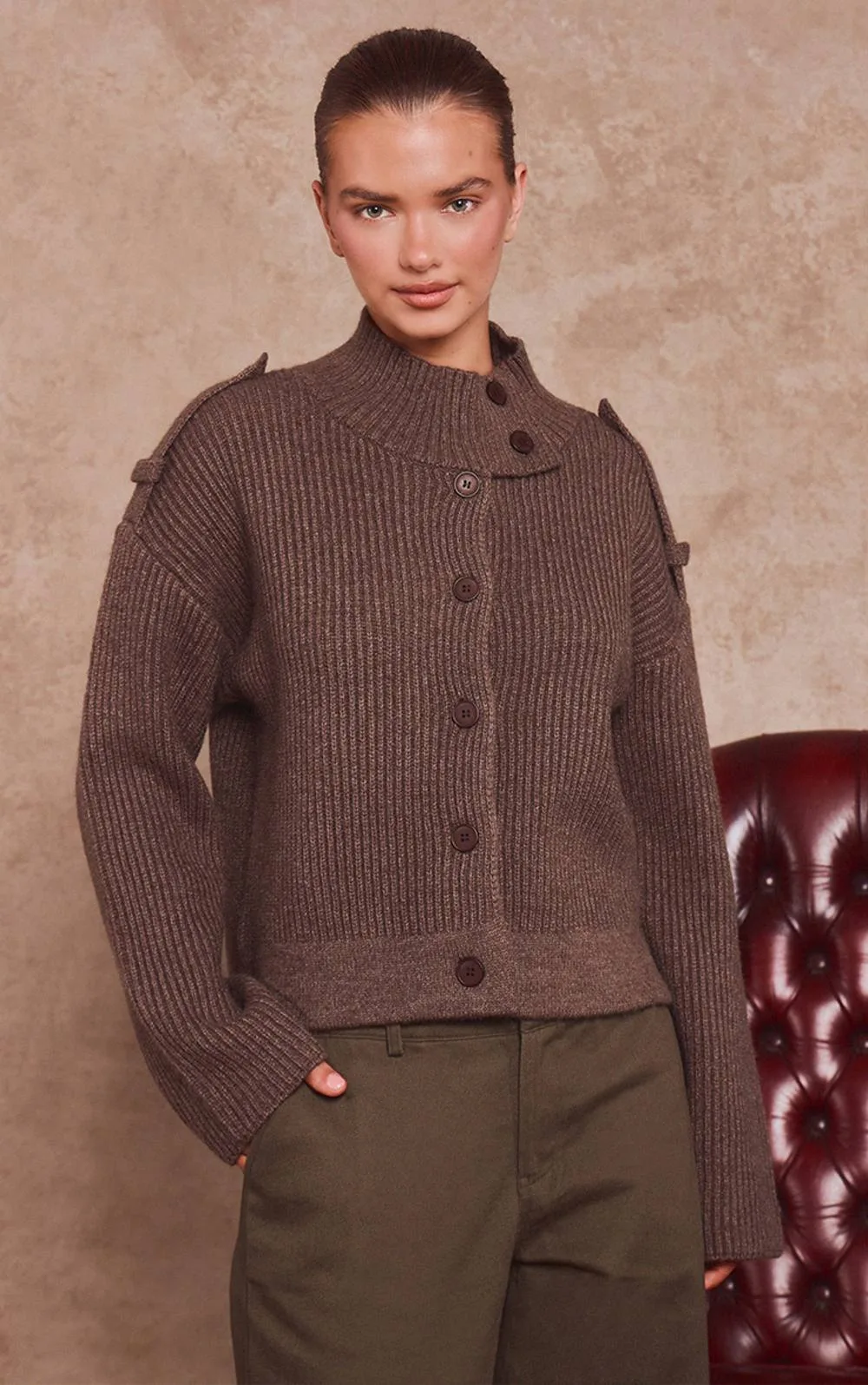 Funnel Neck Epaulette Detail Ribbed Knitted Jumper