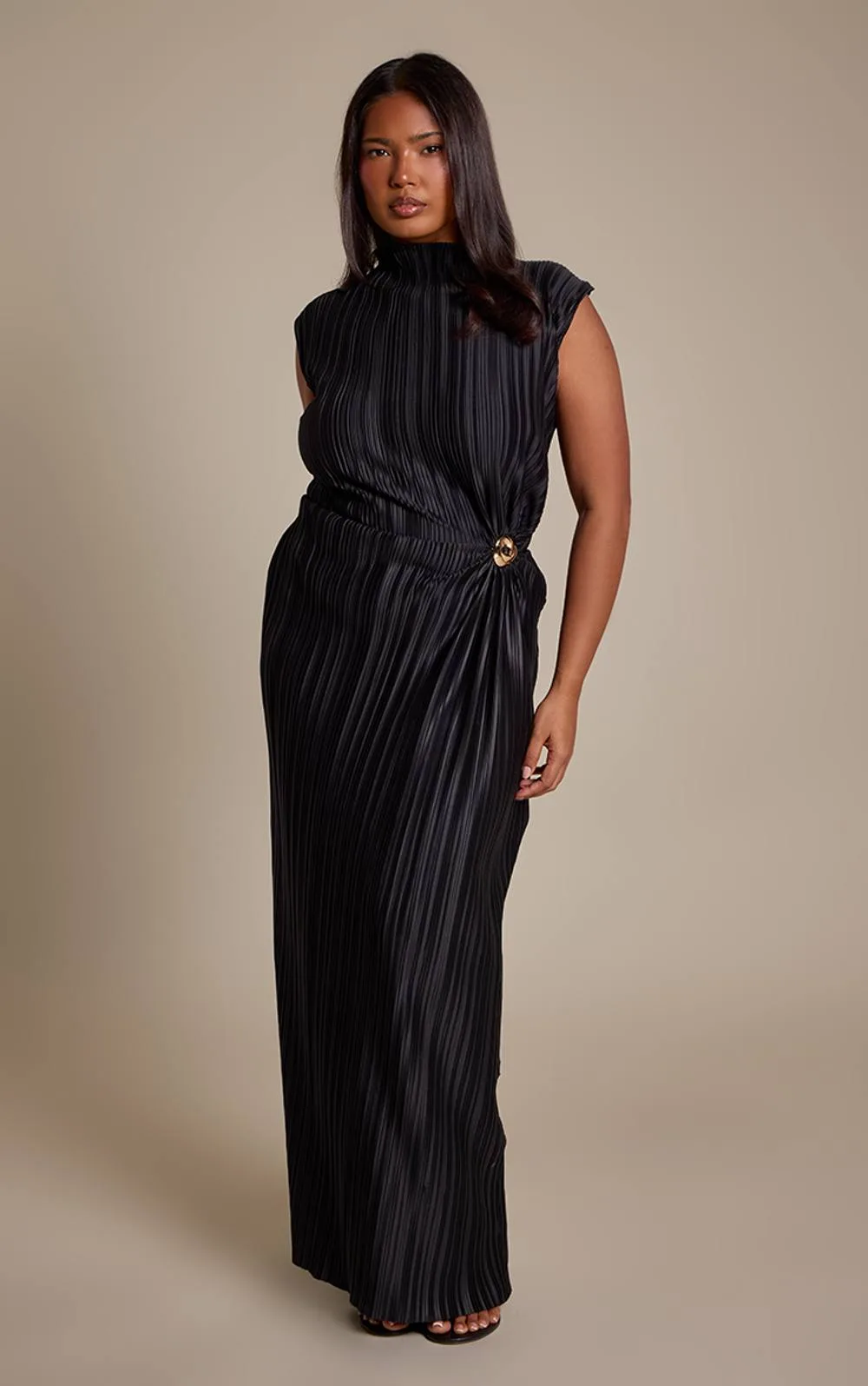 Plisse Boat Neck Trim Detail Maxi Dress