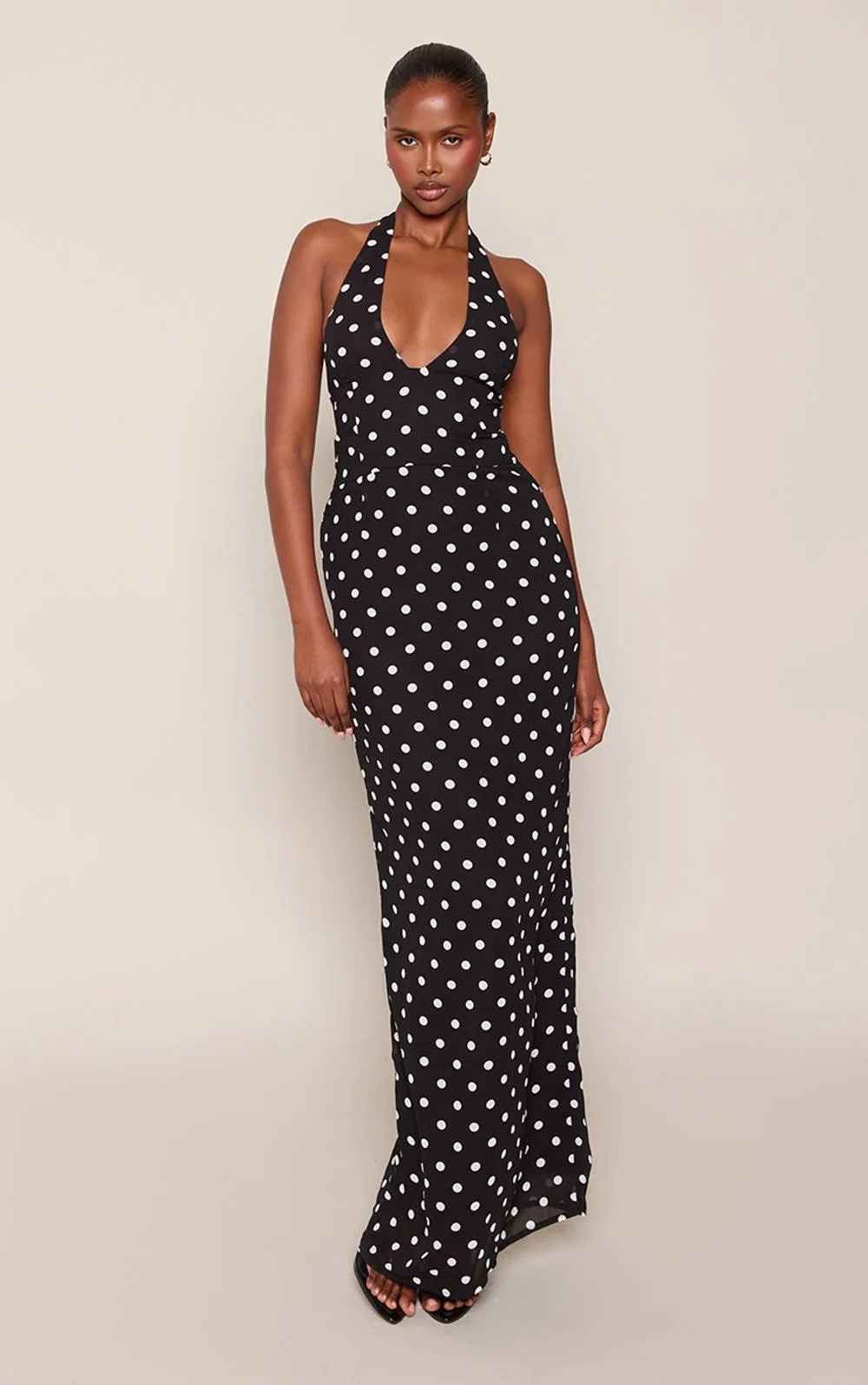 Chiffon Polka Dot Printed Plunge Neck Maxi Dress