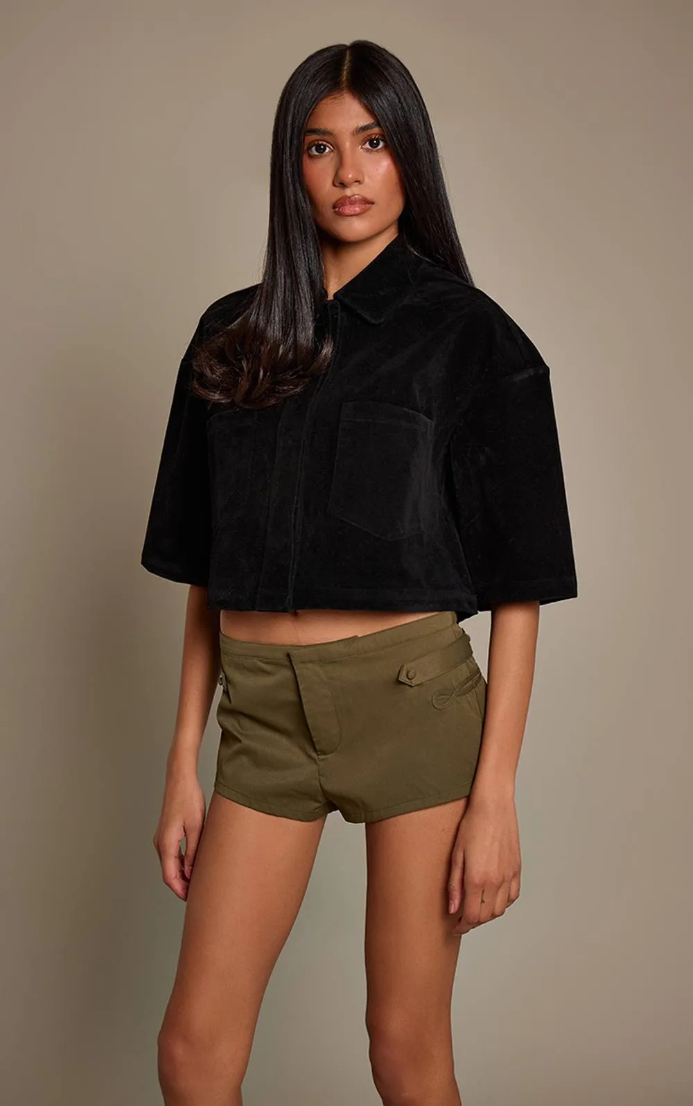 Faux Suede Oversized Cropped Shirt by PrettyLittleThing