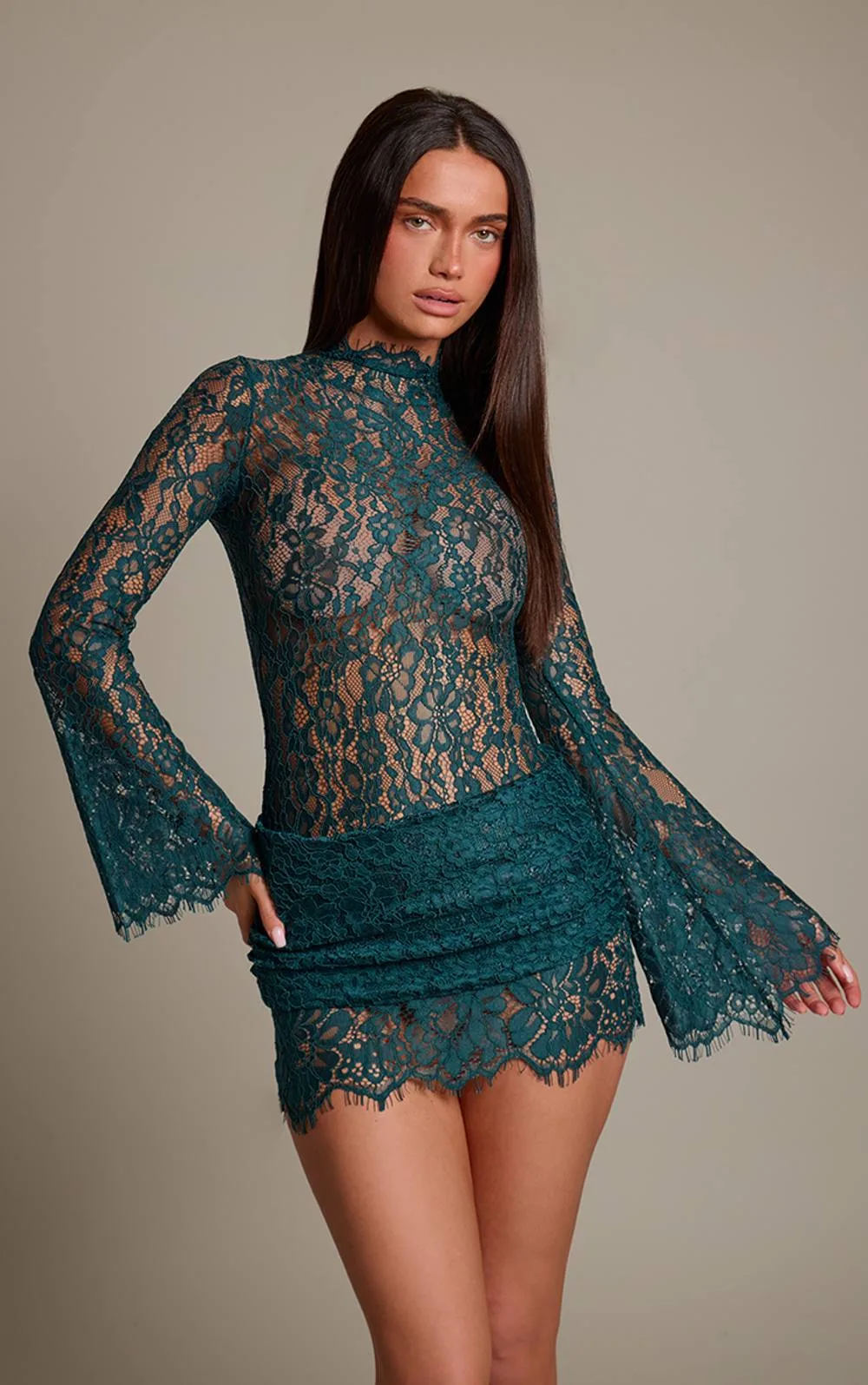 Sheer Lace Drape Long Sleeve Bodycon Dress by PrettyLittleThing