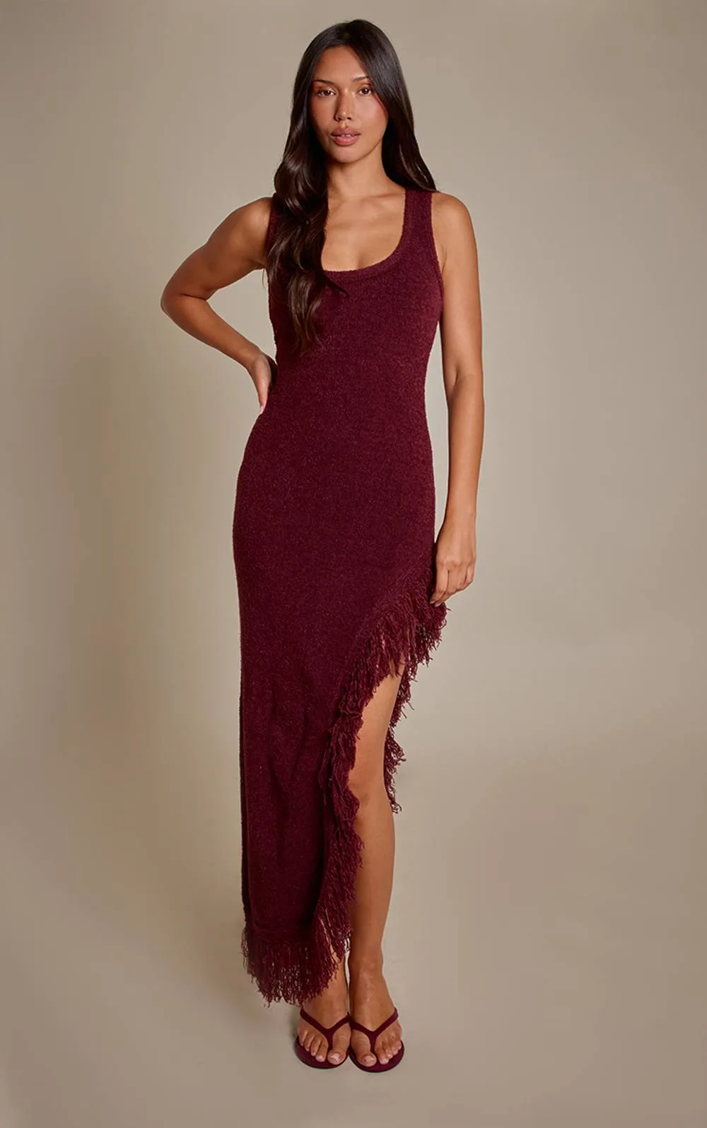 Fringe Detail High Split Knitted Maxi Dress