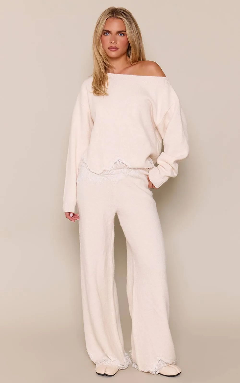 Wide Leg Lace Hem Knitted Trousers by PrettyLittleThing