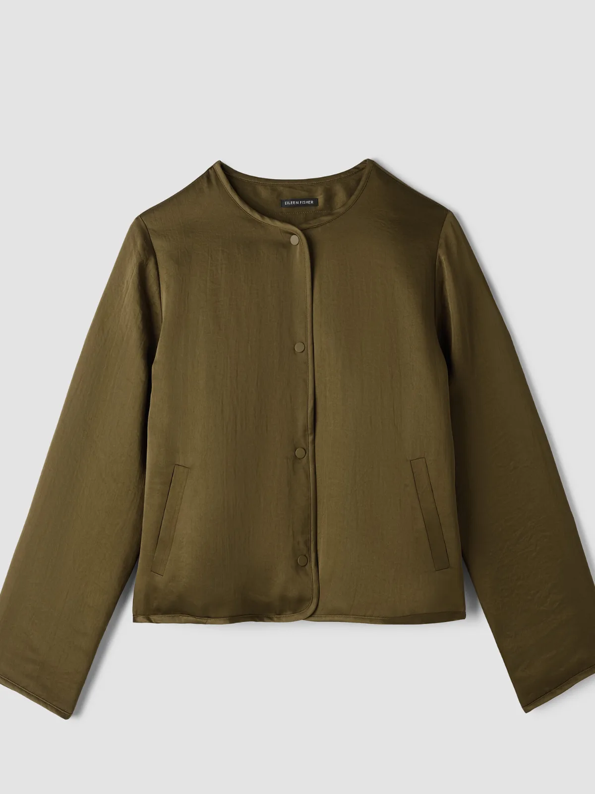 Smooth Satin Shimmer Padded Round Neck Jacket by Eileen Fisher