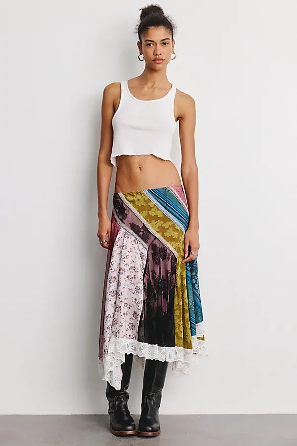 In the Mix Patchwork Asymmetric Hanky Hem Midi Skirt by Kimchi Blue