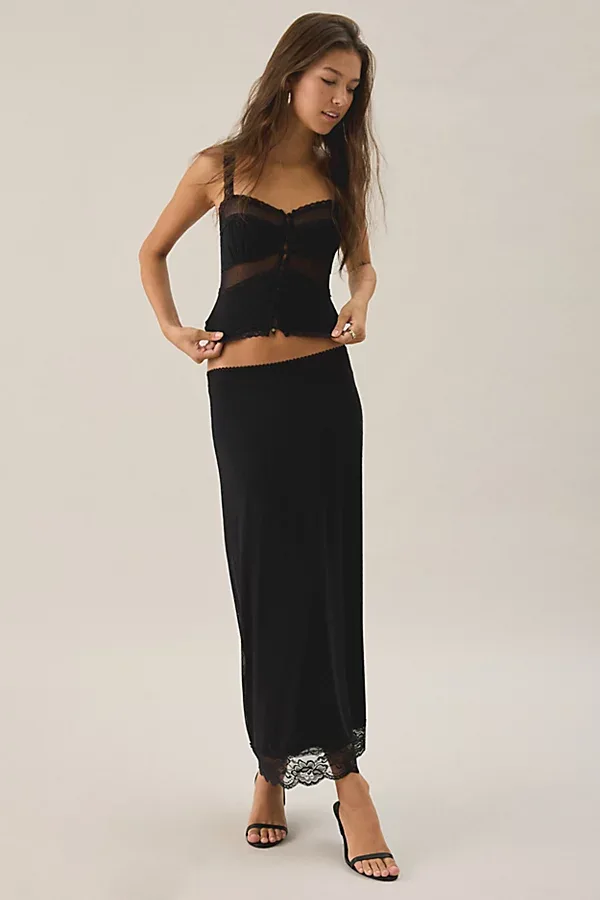 Fan Favorite Lace Trim Mesh Midi Skirt 2-Piece Set by Kimchi Blue