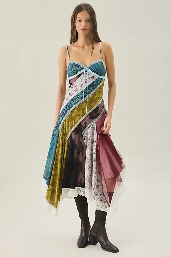In the Mix Patchwork Asymmetric Hanky Hem Midi Dress