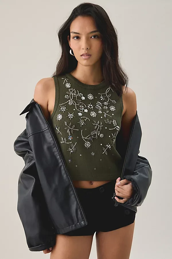 UO Asher Beaded Embellished Ribbed Tank Top by Urban Outfitters