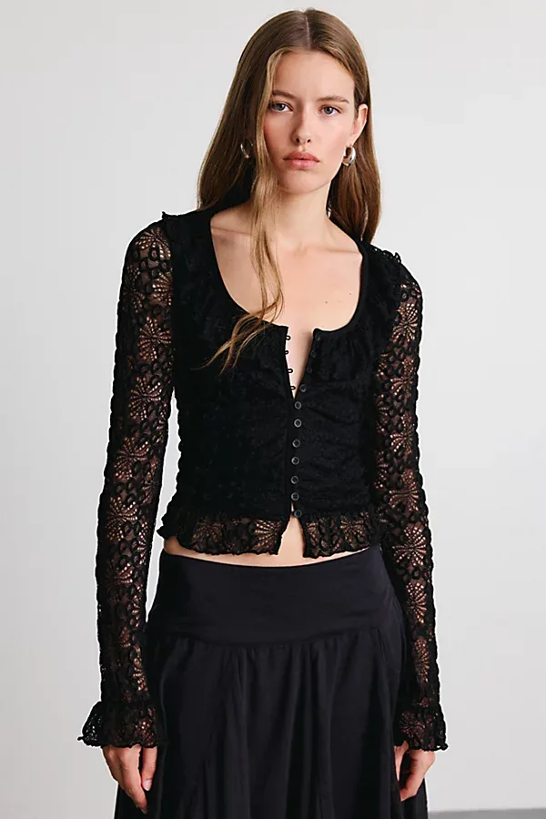 Angelina Ruffle Lace Cropped Cardigan by Kimchi Blue