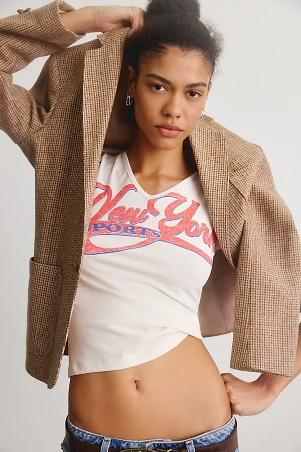 New York Sports Graphic V-Neck Baby Tee by Urban Outfitters