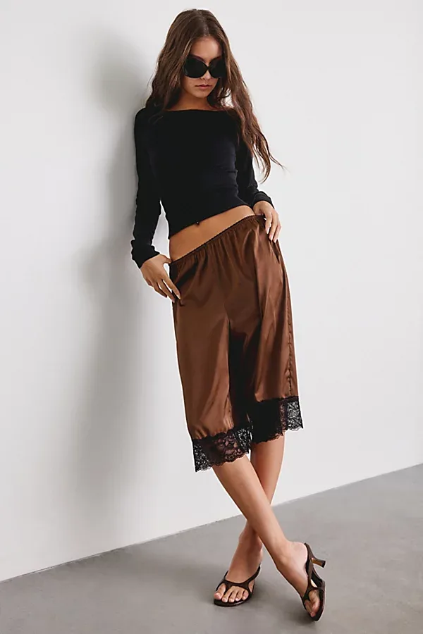 Kimchi Blue Tierra Lace Trim Satin Long Shorts by Kimchi Blue
