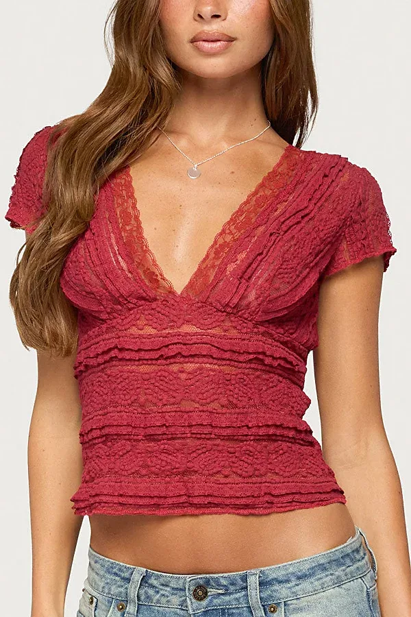 Avalee Sheer Lace V Neck Top by Edikted