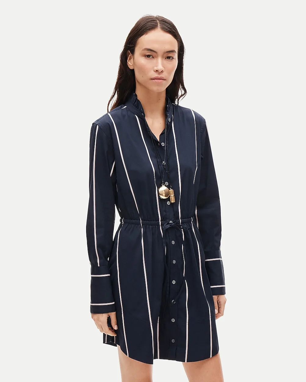 Ruffle-Collar Mini Shirt-Dress in Striped Poplin by J.Crew