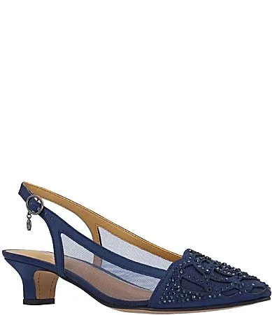 Elsinora Rhinestone Satin Mesh Slingback Kitten Heel Pumps