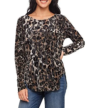 Velvet Burnout Animal Print Scoop Neck Long Sleeve Top