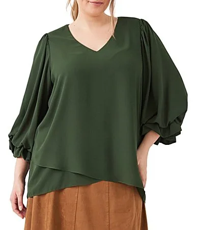 Crepe V-Neck 34 Layered Sleeve Asymmetric Top