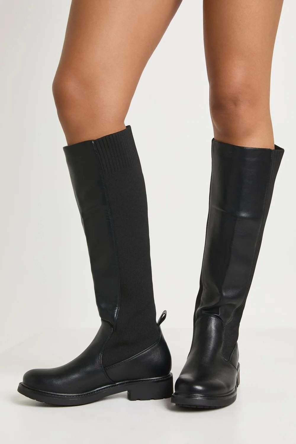 Elastic Panel Flat Knee High Boots by boohoo
