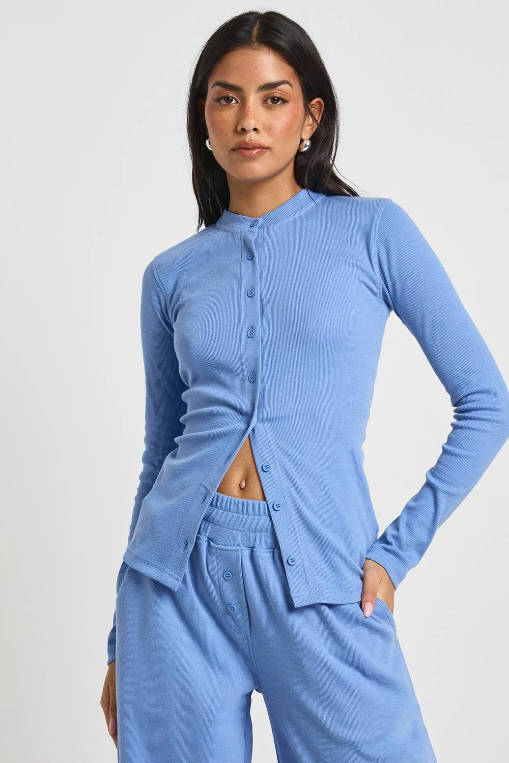 Rib Button Through Top by boohoo