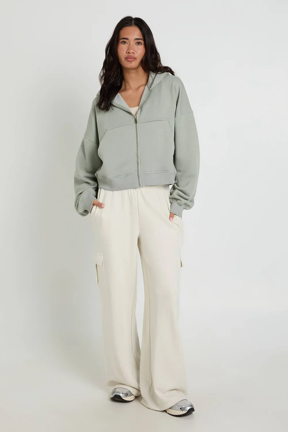 Mid Rise Cargo Pocket Loopback Jogger Pants - Stone