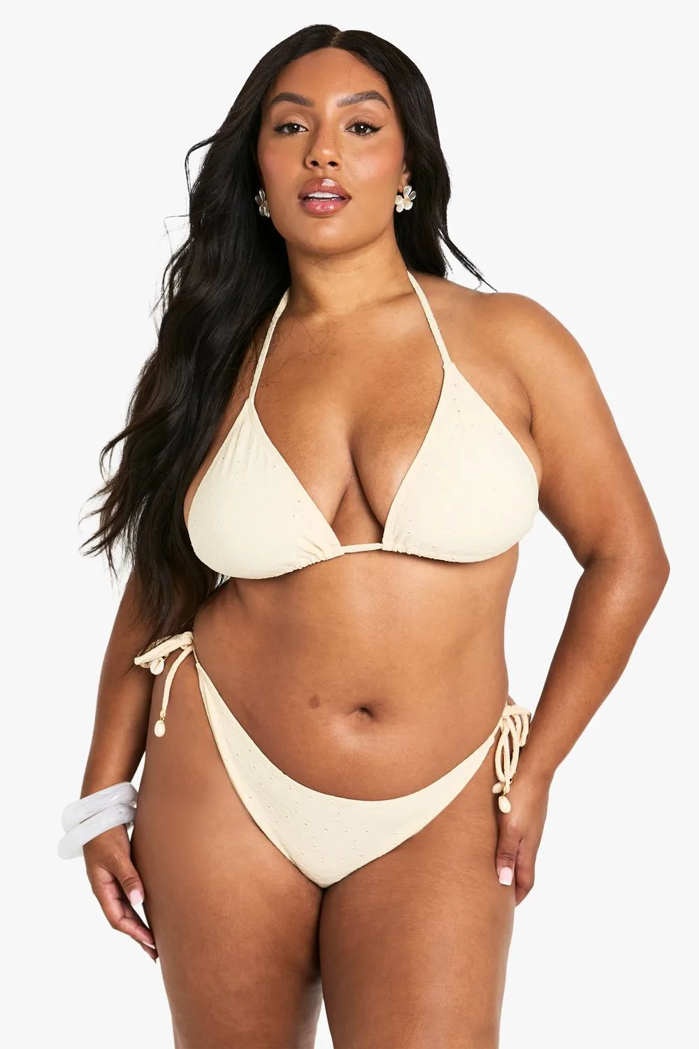 Shell Trim Broderie Tie Front Highwaist Bikini by boohoo