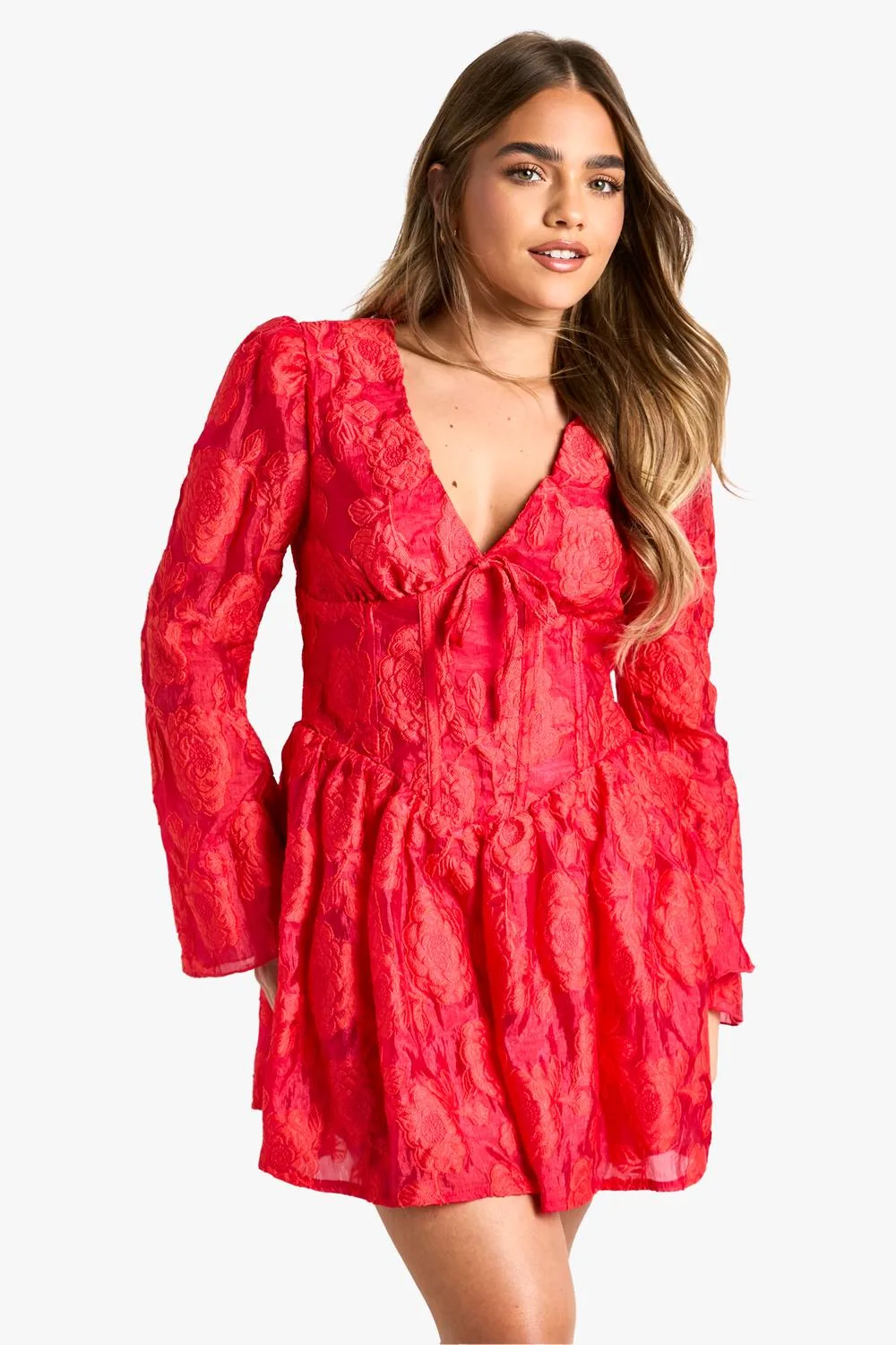 Jacquard Floral Corset Detail Skater Dress by boohoo