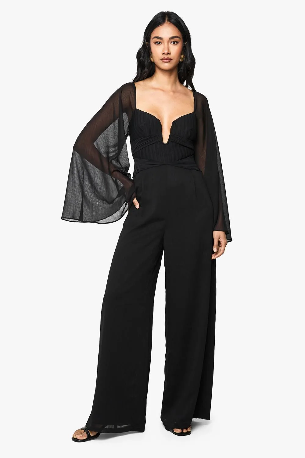 Chiffon Pleated Long Sleeve Jumpsuit by boohoo