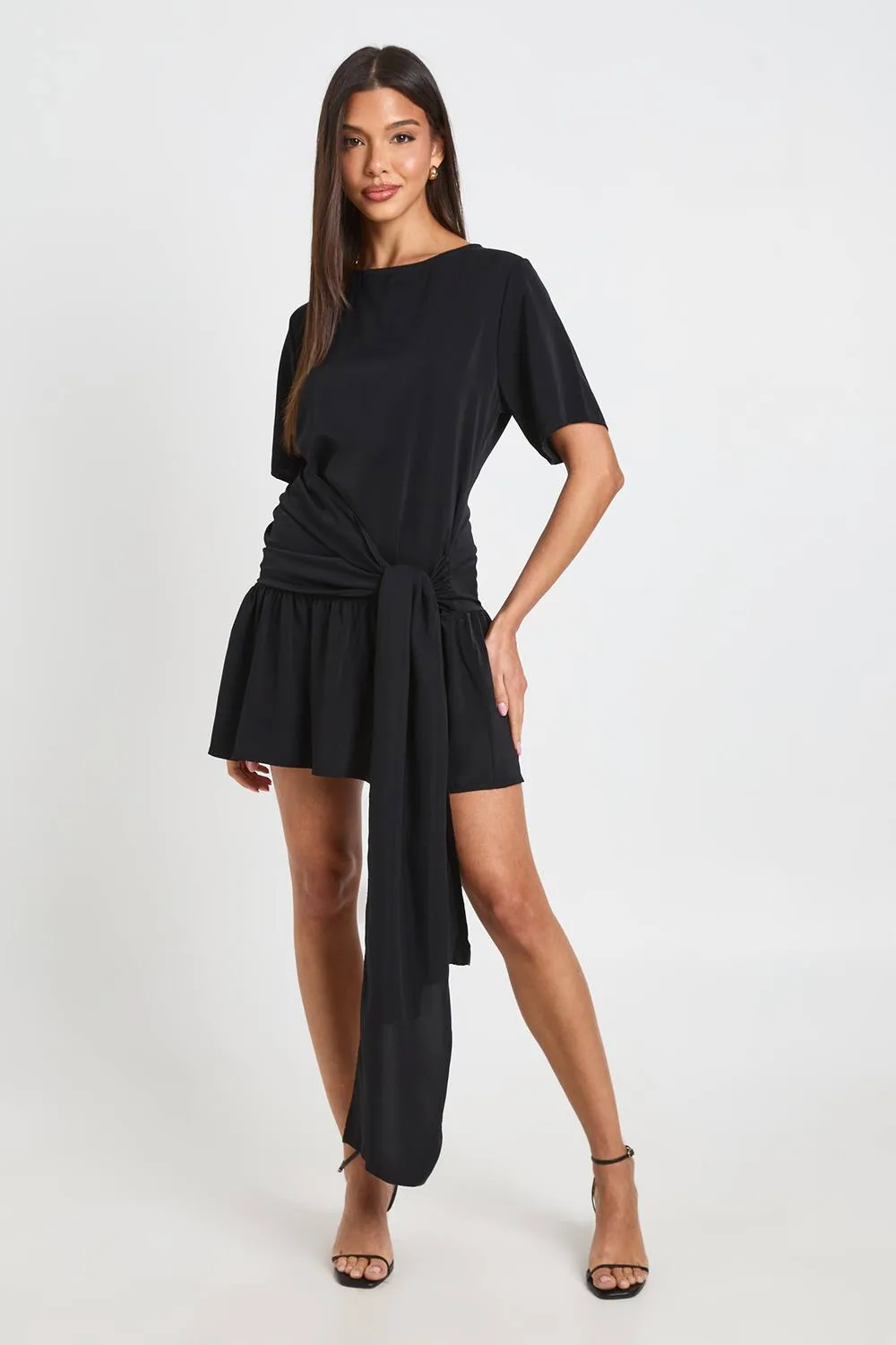 Tie Waist Drop Hem Woven Mini Dress by boohoo