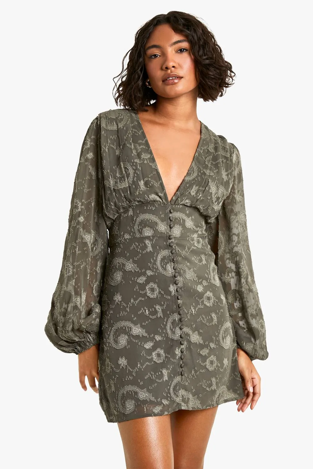 Paisley Burnout Volume Sleeve Mini Dress by boohoo