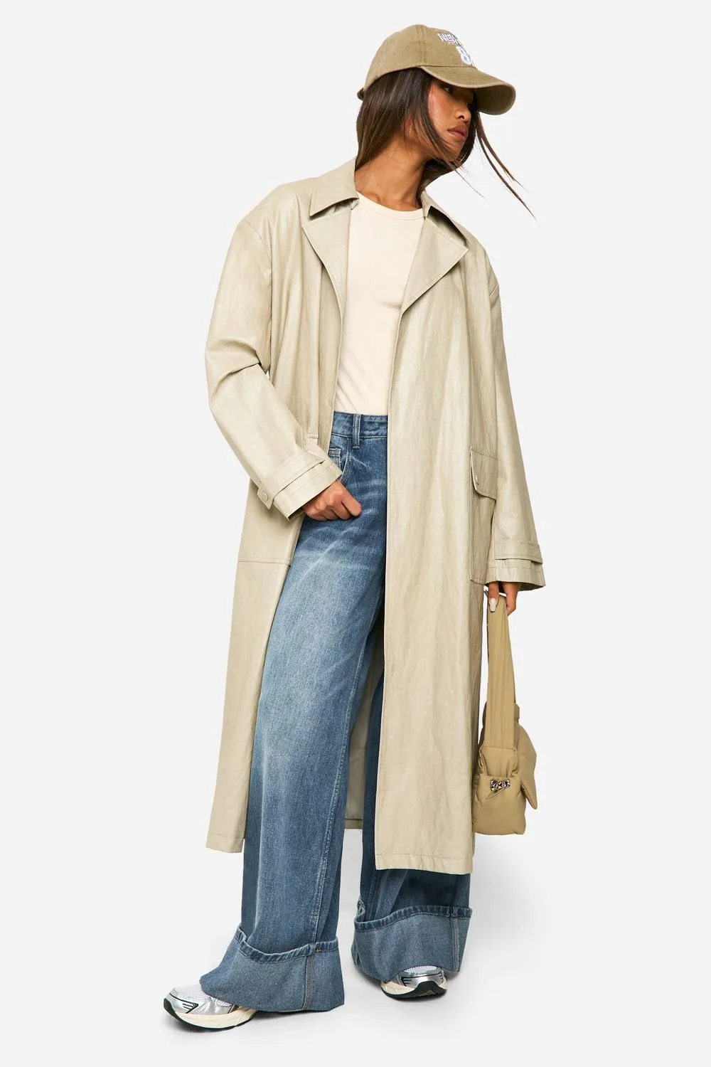 Vintage Look Faux Leather Trench Coat - Stone by boohoo