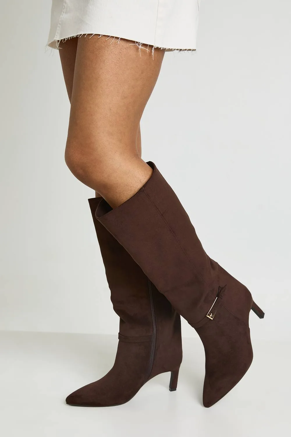 Wide Fit Faux Suede Buckle Detail Column Low Heel Knee High Boots