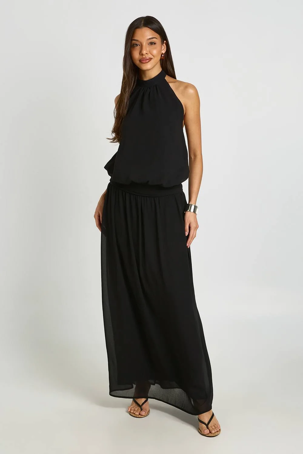 Chiffon Ruched Drop Waist Halter Neck Maxi Dress by boohoo