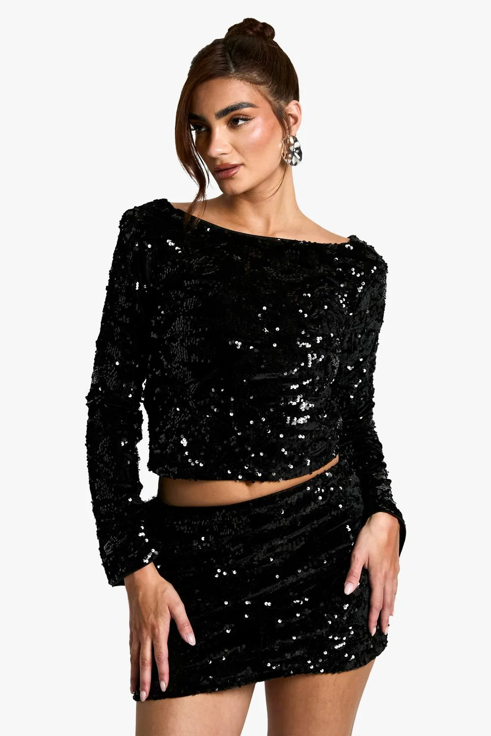 Velvet Sequin Scoop Back Long Sleeve Top by boohoo