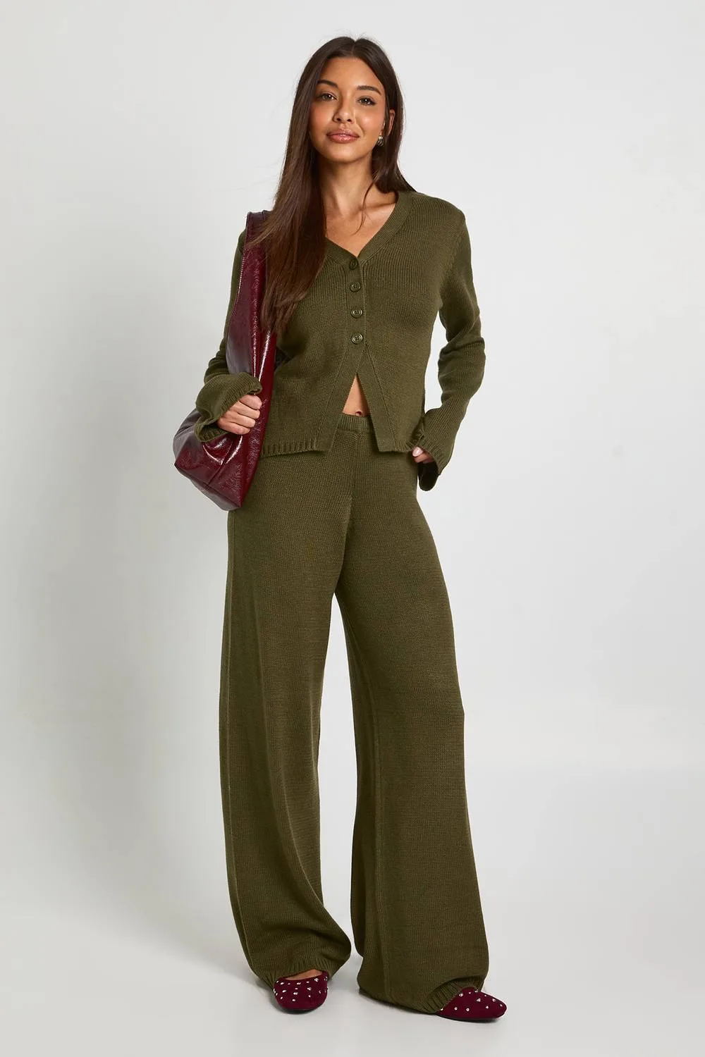 Collar Detail Button Down Knitted Cardigan & Straight Leg Trouser Co-Ord by boohoo