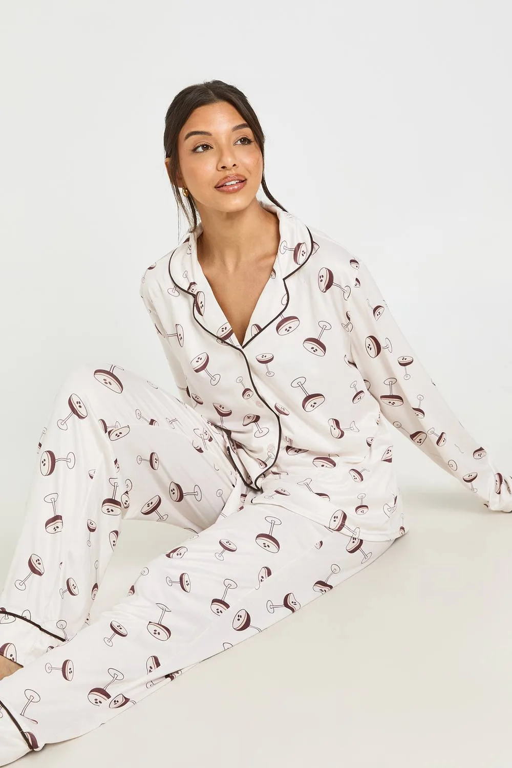 Espresso Martini Print Piping Detail Long Sleeve & Trouser Pyjama Set