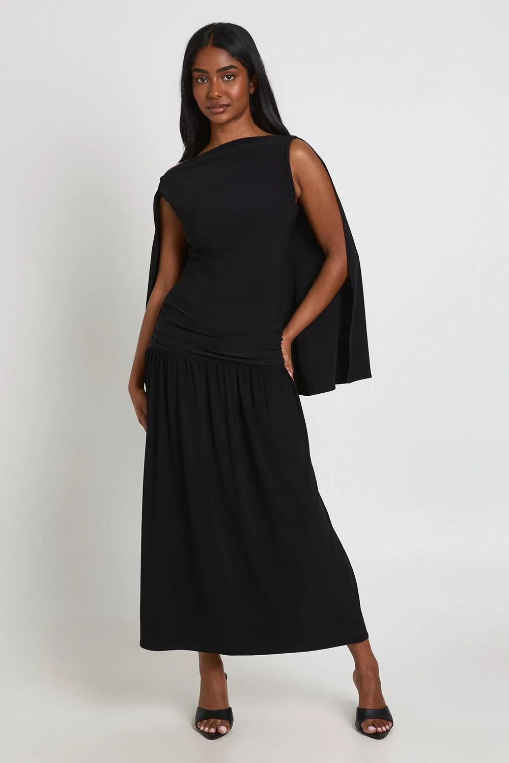 Cape Detail Dropped Waist Maxi Dress