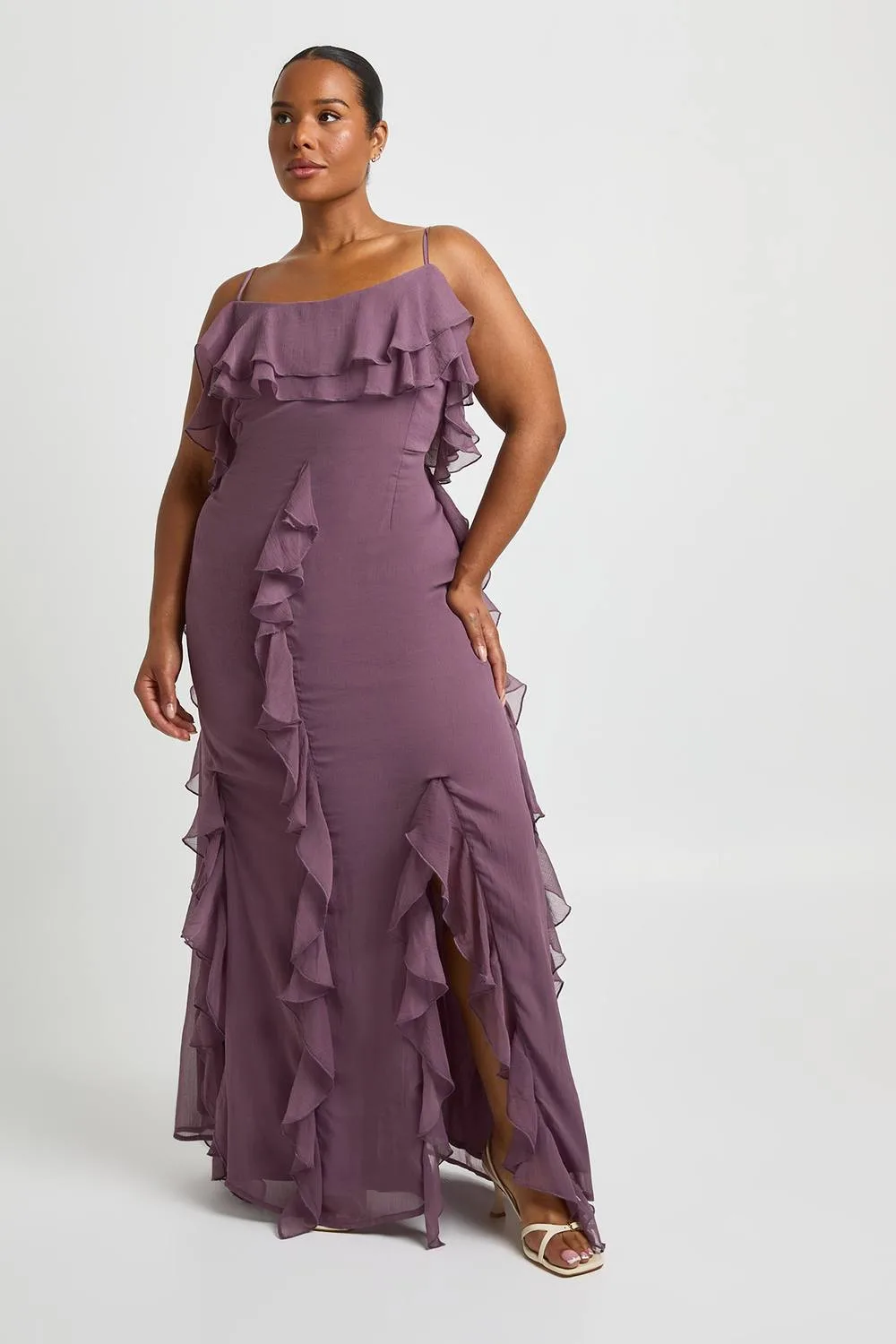 Chiffon Ruffle Cold Shoulder Maxi Dress