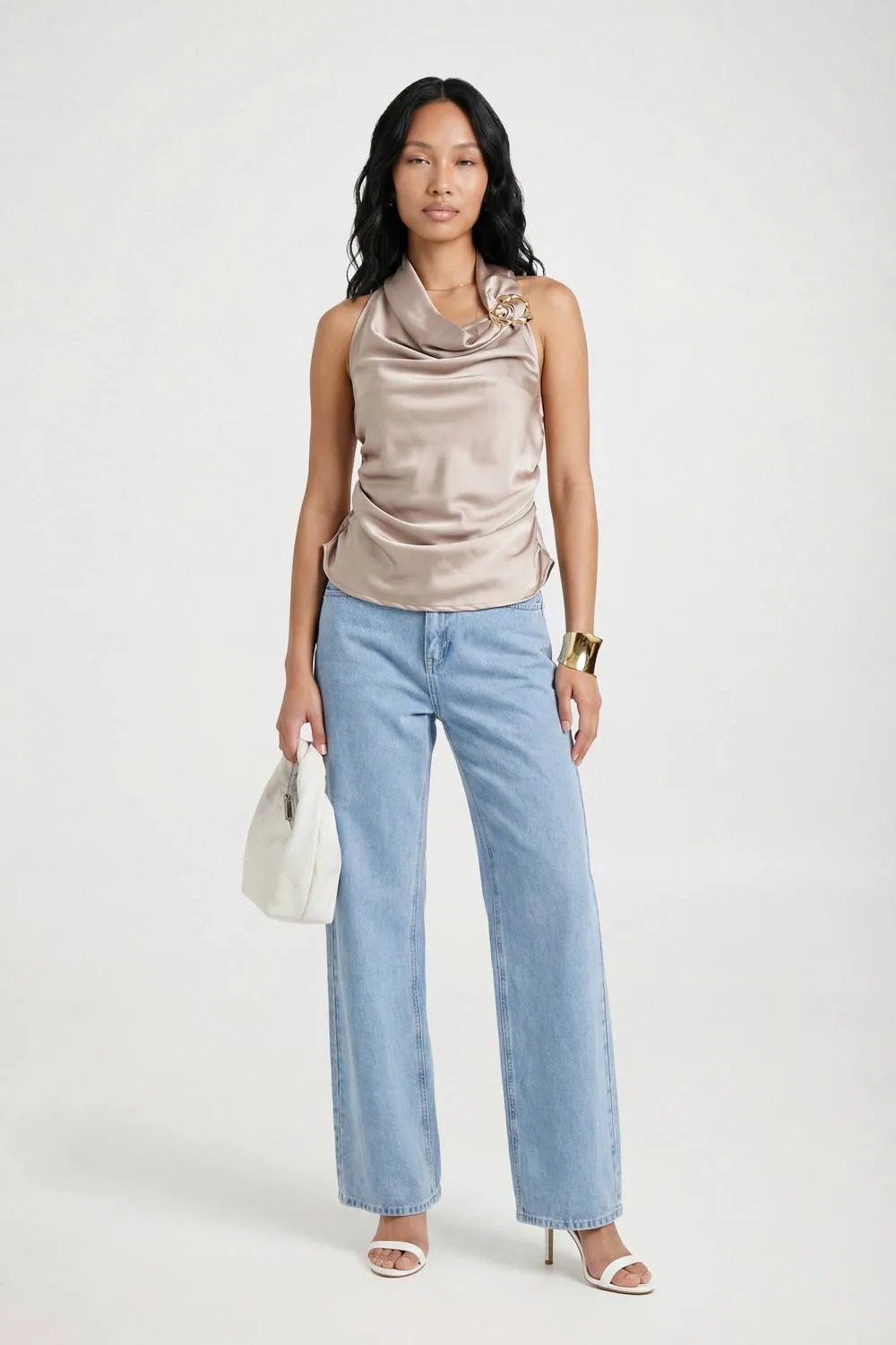 Gold Trim Halter Satin Top by boohoo