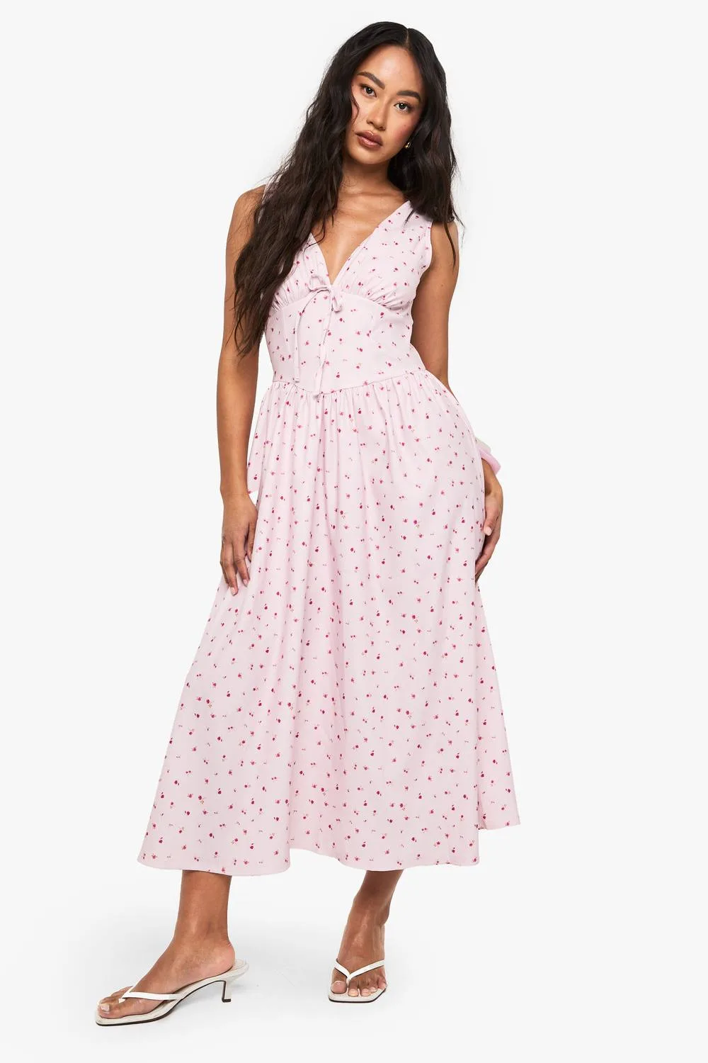 Ditsy Floral Tie Front Milkmaid Midaxi Dress by boohoo