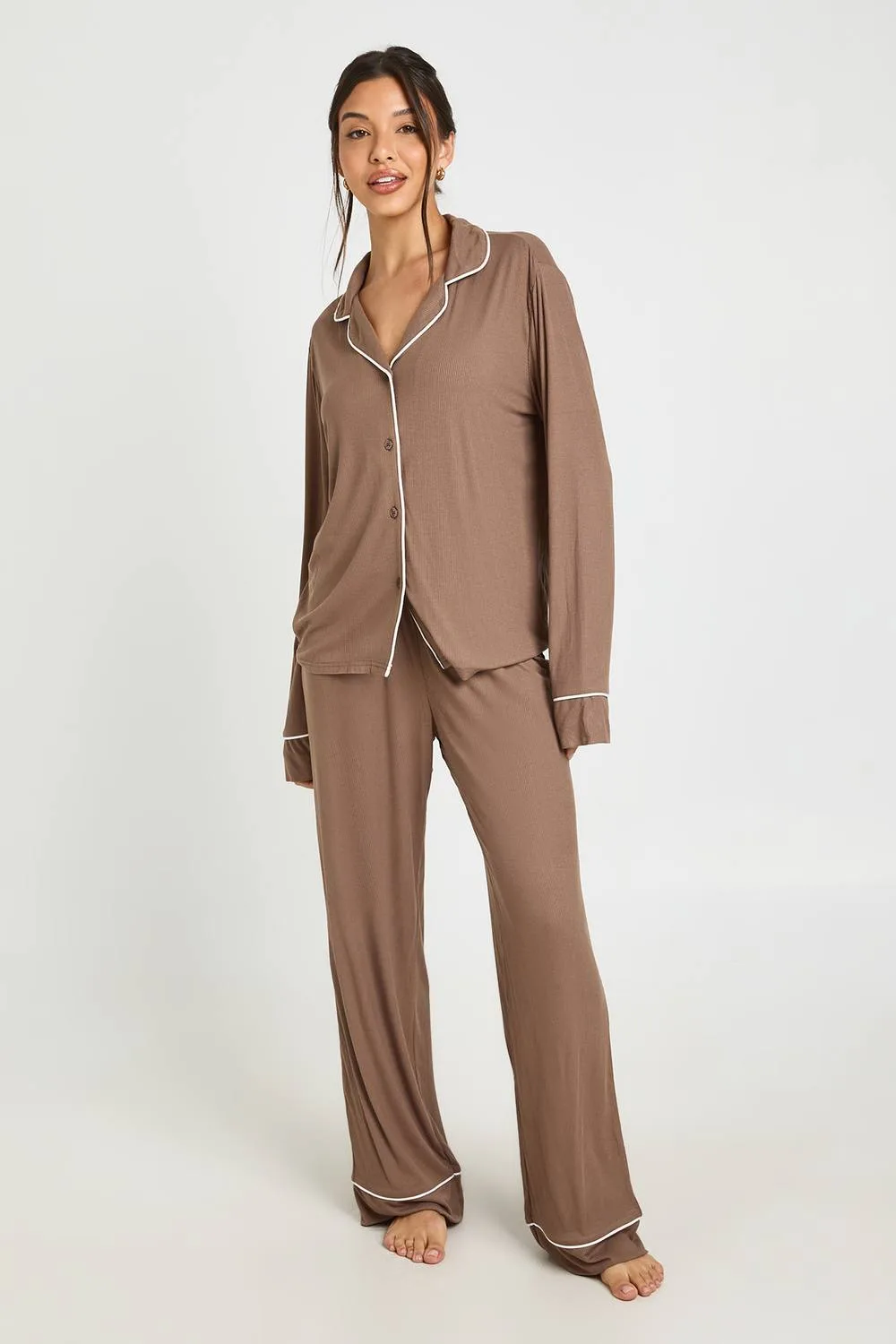 Soft Rib Piping Detail Long Sleeve Shirt & Trouser Pyjama Set