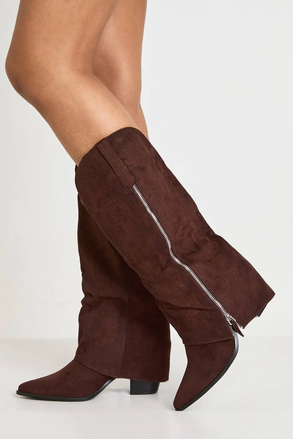Fold Over Zip Detail Knee High Western Boots