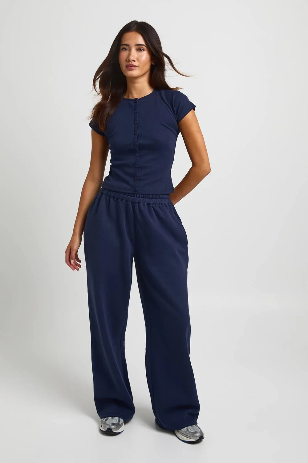 Ribbed Button Through Cap Sleeve Top & Jogger Tracksuit