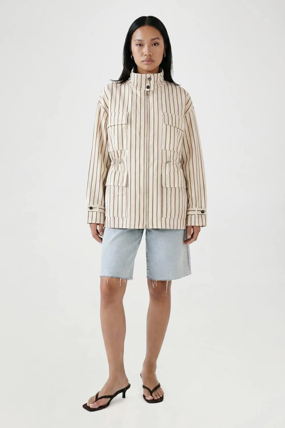 Stripe Cinched Waist Funnel Neck Shirt by boohoo