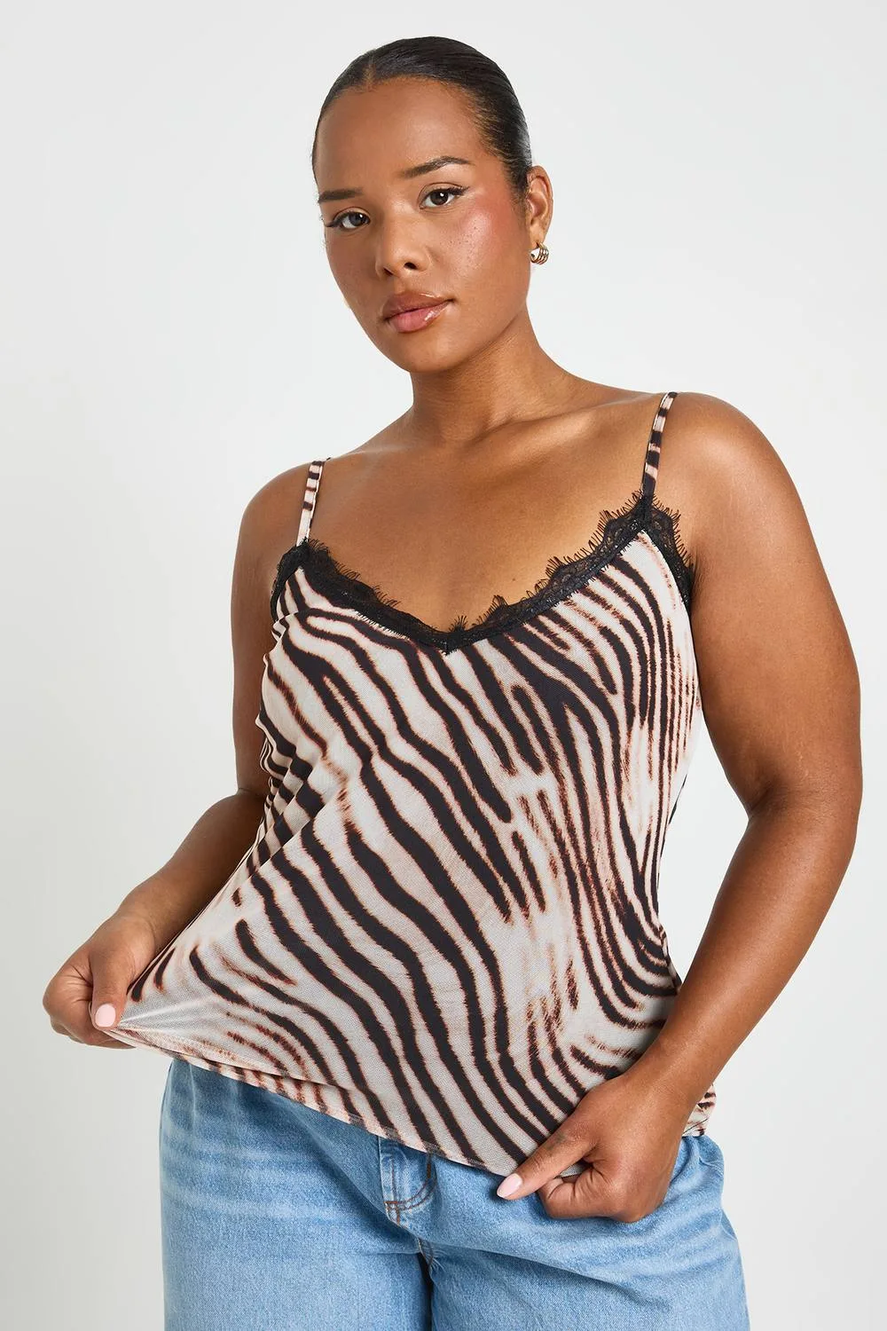Lace Trim Zebra Strappy Cami Top by boohoo