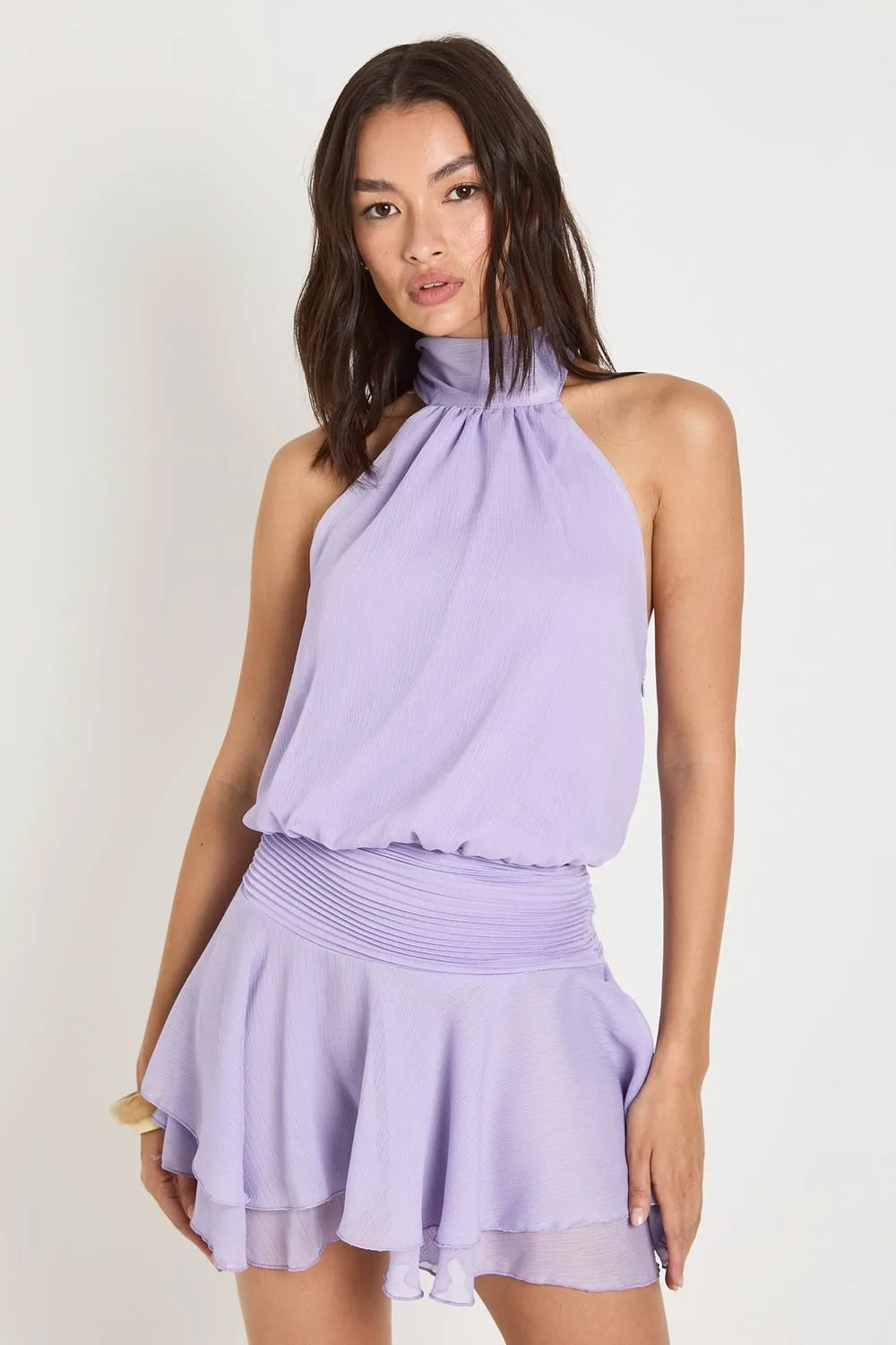Textured Chiffon Ruched Waist Halterneck Mini Dress by boohoo
