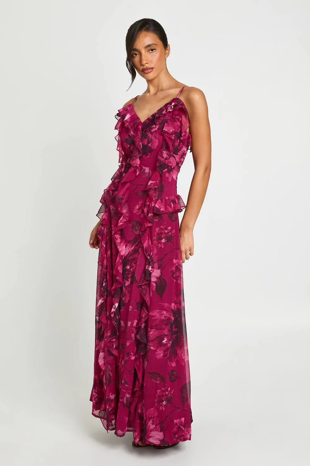Floral Chiffon Ruffle Detail Maxi Dress